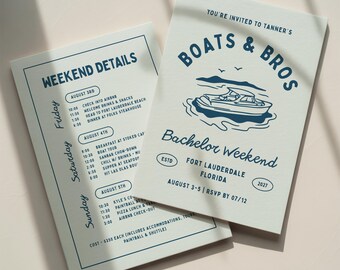 Boats and Bros Bachelor Party Invitation Template: Fishing Stag Weekend Itinerary (Canva Digital Invite Design)