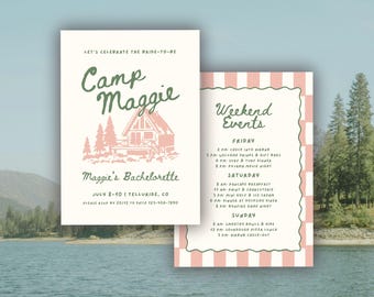 Camp Bachelorette Invitation Template, Camping Granola Girl Themed Bach Party Weekend Itinerary, Green Editable Canva Digital Invite Design
