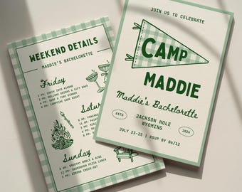 Camp Bachelorette Invitation Template: Gingham Flag Camping Bach Party Itinerary (Canva Digital Invite Design)