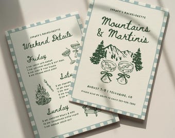 Mountains and Martinis Bachelorette Invitation Template: Camp Bach Weekend Itinerary (Canva Digital Invite Design)