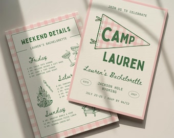 Camp Bachelorette Invitation Template: Gingham Flag Camping Bach Party Itinerary (Canva Digital Invite Design)