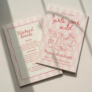 May include: Two rectangular invitation cards with a light pink and white checkered pattern. The cards feature red text and line art illustrations including a sleep mask, bow, hair clip, drink, and slippers. The text reads "girls gone mild" and "Weekend Events" with details for a bachelorette party in East Hampton, NY.