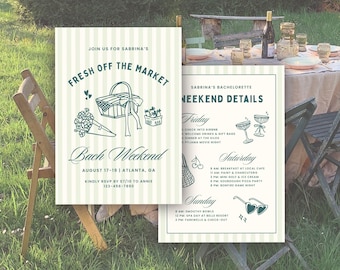Fresh Off The Market Bachelorette Invitation Template: Farmer's Market Theme Bridal Shower Bach Itinerary (Canva Digital Invite Design)