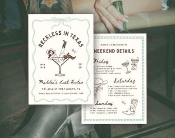 Reckless in Texas Bachelorette Invitation Template: Western Cowgirl Bach Party Weekend Itinerary (Canva Digital Invite Design)