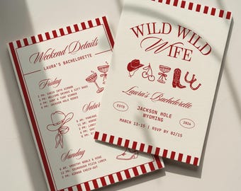 Wild Wild Wife Bachelorette Invitation Template: Western Cowgirl Bach Party Weekend Itinerary (Canva Digital Invite Design)