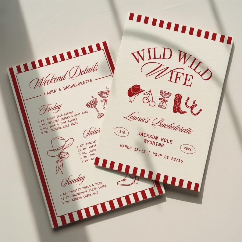 Wild Wild Wife Bachelorette Invitation Template: Western Cowgirl Bach Party Weekend Itinerary (Canva Digital Invite Design) image 1