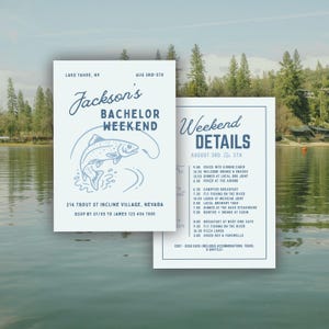 Fishing Trip Bachelor Party Invitation Template: Camping Stag Party Weekend Itinerary (Canva Digital Invite Design)