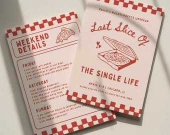 Last Slice Of The Single Life Bachelorette Invitation Template: Pizza Bach Party Bridal Shower Itinerary (Canva Digital Invite Design)