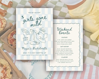 Girls Gone Mild Bachelorette Invitation Template, Slumber Party, Spa Day Bach Weekend Itinerary, DIY Editable Digital Canva Invite Design