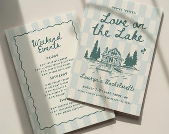 Love On The Lake Bachelorette Invitation Template: Camping Theme Bach Party Itinerary (Canva Digital Invite Design)