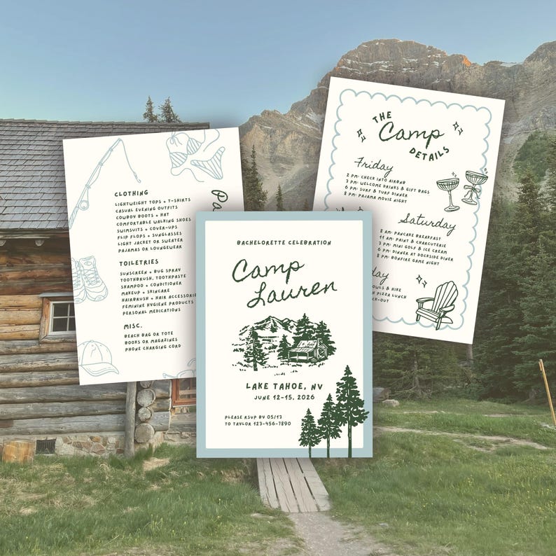 May include: Three white paper cards with blue borders featuring black text and line art illustrations. The central card reads Camp Lauren, Lake Tahoe, NV, June 12-15, 2026. The other cards list packing items and a schedule of events including Friday and Saturday activities.