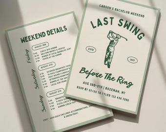 Last Swing Before the Ring Bachelor Party Invitation Template: Golf Stag Weekend Itinerary (Canva Digital Invite Design)