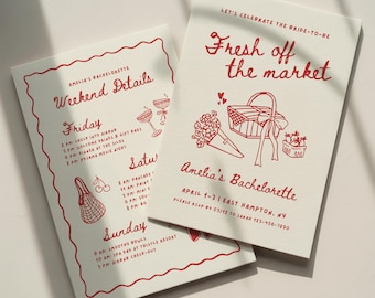 Fresh Off The Market Bachelorette Invitation Template: Farmer's Market Theme Bach Party Itinerary (Canva Digital Invite Design)