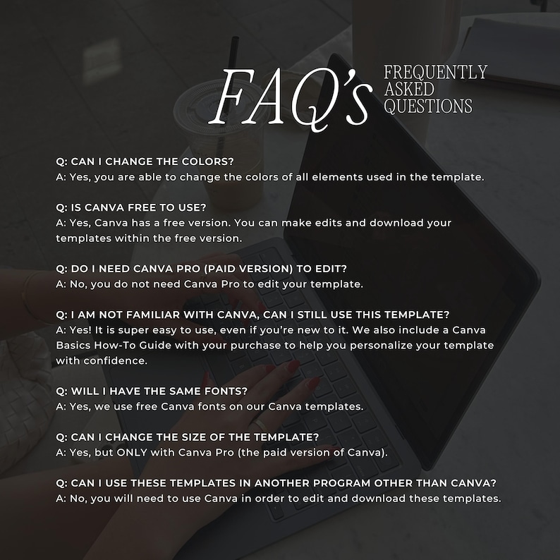 May include: A digital template FAQ sheet featuring white text on a dark background. The text addresses questions about Canva, including color changes, free versus paid versions, font usage, template resizing, and compatibility with other software programs.