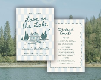 Plantilla de invitación para despedida de soltera "Amor en el lago": Itinerario para despedida de soltera con temática de camping (Diseño de invitación digital de Canva)
