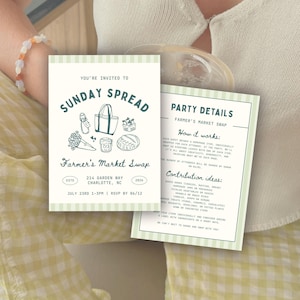 May include: Two light green and white invitation cards for a "Sunday Spread" Farmer's Market Swap. The front card has illustrations of market items and the text "Sunday Spread" and "Farmer's Market Swap". The back card lists party details.