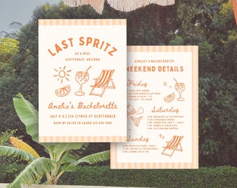 Last Spritz as a Miss Bachelorette Invitation Template: Citrus Spritzer Theme Bach Party Weekend Itinerary (Canva Digital Invite Design)
