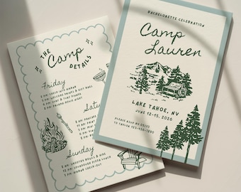 Camp Bachelorette Invitation Template: Camping Lake Cabin Bach Party Itinerary (Canva Digital Invite Design)