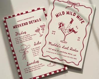 Wild Wild Wife Bachelorette Invitation Template: Western Cowgirl Bach Party Weekend Itinerary (Canva Digital Invite Design)