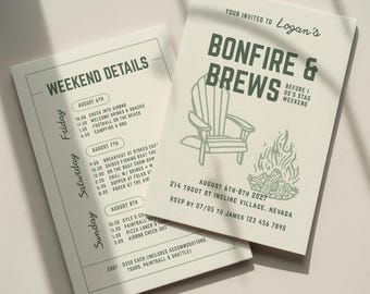 Bonfire and Brews Before I Do's Bachelor Party Invitation Template: Camp Stag Weekend Itinerary (Canva Digital Invite Design)