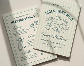 Girls Gone Mild Bachelorette Invitation Template: Spa Slumber Party Theme Bach Itinerary (Canva Digital Invite Design)