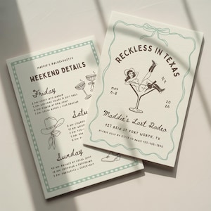 May include: Two off-white rectangular paper cards with dark brown text and light green borders. One card features a martini glass illustration with a person inside, text reading Reckless in Texas, Maddie's Last Rodeo, and event details for May 6-8, 2026.