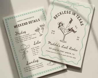 Reckless in Texas Bachelorette Invitation Template: Western Cowgirl Bach Party Weekend Itinerary (Canva Digital Invite Design)