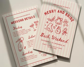 Merry and Bride Bachelorette Invitation Template: Christmas Bridal Shower Bach Party Itinerary (Canva Digital Invite Design)