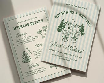 Mountains and Martinis Bachelorette Invitation Template: Classy Camp Bach Party Itinerary (Canva Digital Invite Design)
