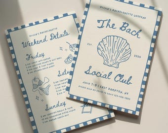 The Bach Social Club Bachelorette Invitation Template: Coastal Beach Theme Bach Party Itinerary (Canva Digital Invite Design)