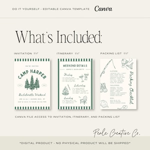 May include: An editable Canva template set featuring a 5x7 invitation, itinerary, and packing list for a bachelorette weekend. The design uses dark green text and graphics on a cream background, including pine trees, a campfire, and gear icons.