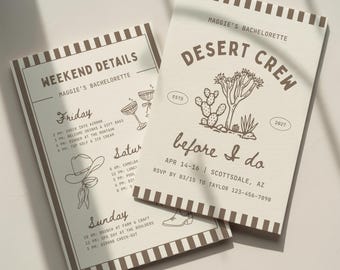 Desert Crew Before I Do Bachelorette Invitation Template: Arizona Cactus Bach Party Weekend Itinerary (Canva Digital Invite Design)