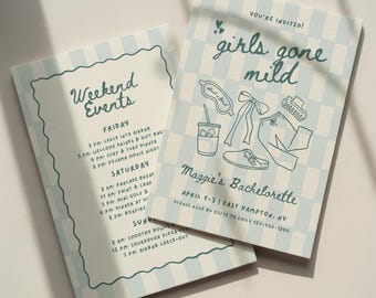 Girls Gone Mild Bachelorette Invitation Template: Spa Slumber Party Theme Bach Itinerary (Canva Digital Invite Design)