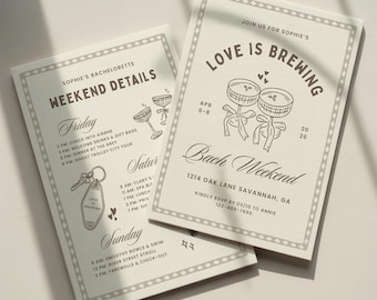 Love Is Brewing Bachelorette Invitation Template: Bridal Shower Bach Party Itinerary (Canva Digital Invite Design)