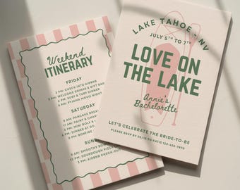 Love On The Lake Bachelorette Invitation Template: Camp Theme Bach Party Itinerary (Canva Digital Invite Design)