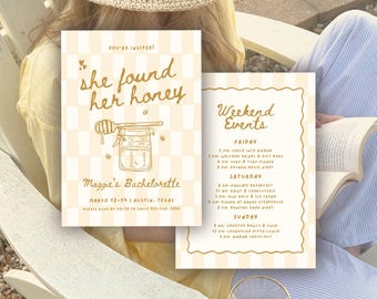 She Found Her Honey Bachelorette Invitation Template: Honey Bee Theme Bridal Shower Bach Itinerary (Canva Digital Invite Design)