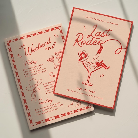 Last Rodeo Bachelorette Invitation Template: Western Cowgirl Bach Party Itinerary (Canva Digital Invite Design)