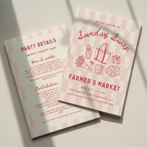 May include: Two rectangular invitation cards with a light pink and white checkered pattern. The front features the text 'Sunday Swap' and 'Farmer's Market' with hand-drawn illustrations of a tote bag, flowers, and jars. The back lists party details.