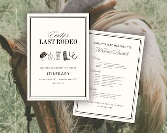 Last Rodeo Bachelorette Invitation Template: Cowgirl Theme Bach Party Itinerary (Canva Digital Invite Design)