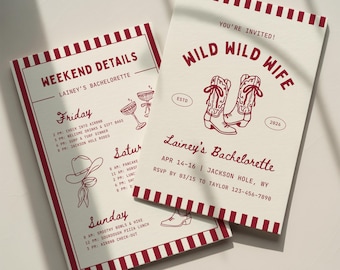 Wild Wild Wife Bachelorette Invitation Template: Western Cowgirl Bach Weekend Itinerary (Canva Digital Invite Design)