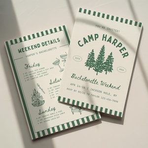 Camp Bachelorette Invitation Template: Woods Camping Glamping Bach Party Itinerary (Canva Digital Invite Design) image 1