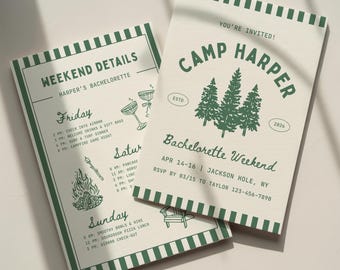 Camp Bachelorette Invitation Template: Woods Camping Glamping Bach Party Itinerary (Canva Digital Invite Design)