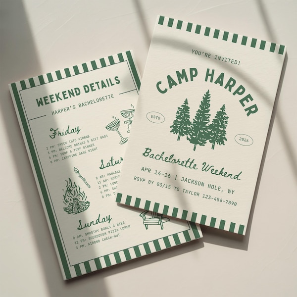 Camp Bachelorette Invitation Template: Woods Camping Glamping Bach Party Itinerary (Canva Digital Invite Design)