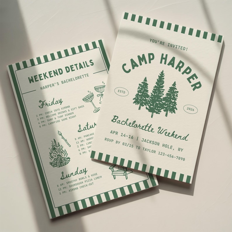 Camp Bachelorette Invitation Template: Woods Camping Glamping Bach Party Itinerary (Canva Digital Invite Design) image 1