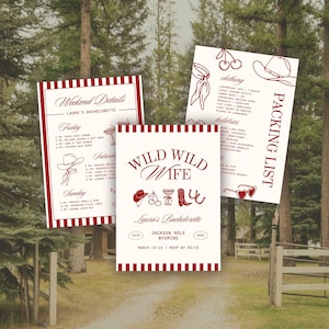 May include: Three white paper cards with red striped borders and dark red text. The cards feature western-themed illustrations including cowboy hats, boots, cherries, and horseshoes. Text includes "Wild Wild Wife," "Weekend Details," and "Packing List."