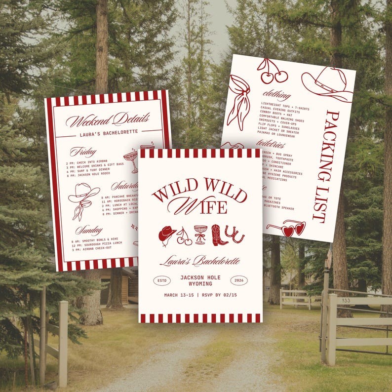 May include: Three white paper cards with red striped borders and dark red text. The cards feature western-themed illustrations including cowboy hats, boots, cherries, and horseshoes. Text includes "Wild Wild Wife," "Weekend Details," and "Packing List."