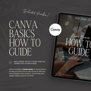 May include: A digital Canva Basics How To Guide featuring white serif text on a dark grey background. The guide includes a tablet display showing a person using a laptop, with the text Canva Basics How To Guide and Perle Creative Co. visible.