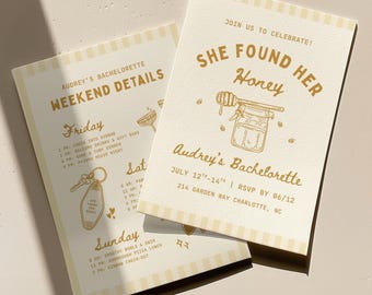 She Found Her Honey Bachelorette Invitation Template: Butter Yellow Bee Theme Bridal Shower Bach Itinerary (Canva Digital Invite Design)