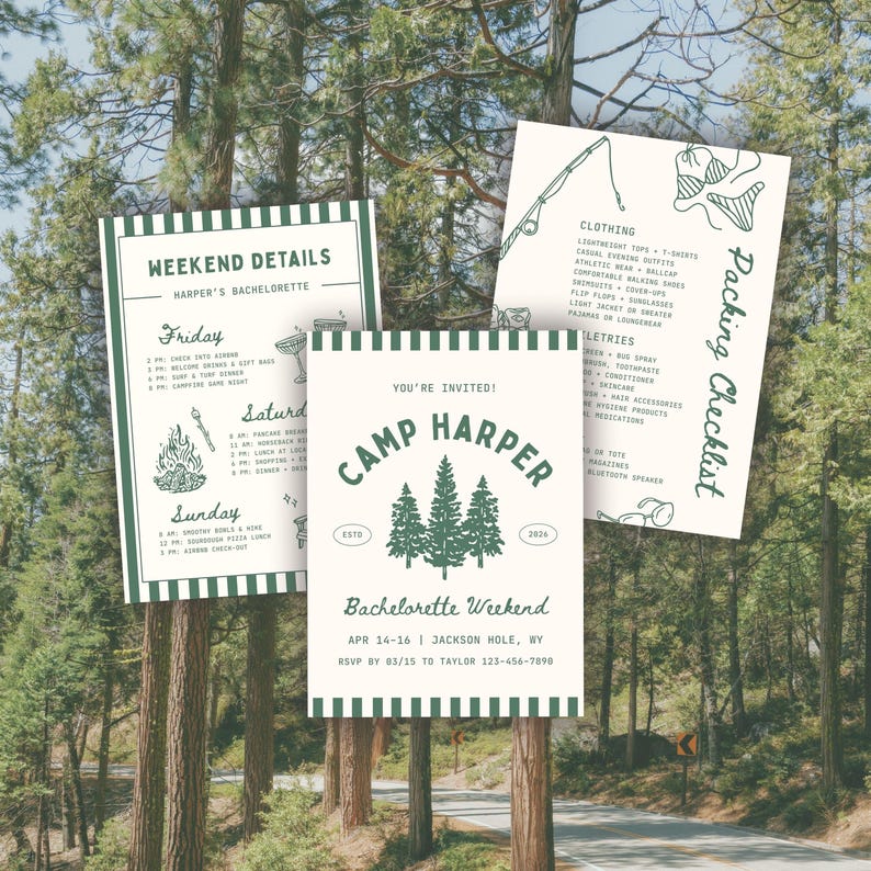 May include: Three white paper cards with dark green text and graphics. One card is an invitation for Camp Harper Bachelorette Weekend, another lists weekend details, and the third is a packing checklist with icons of a fishing rod and bikini.