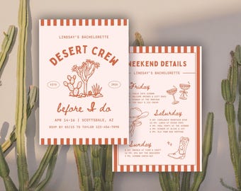 Desert Crew Before I Do Bachelorette Invitation Template: Arizona Cactus Bach Party Weekend Itinerary (Canva Digital Invite Design)